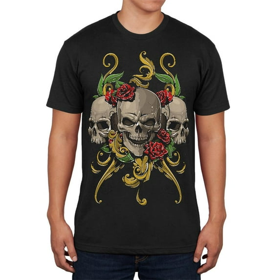 Skulls and Roses Tattoo Mens Soft T Shirt Vintage Black X-LG