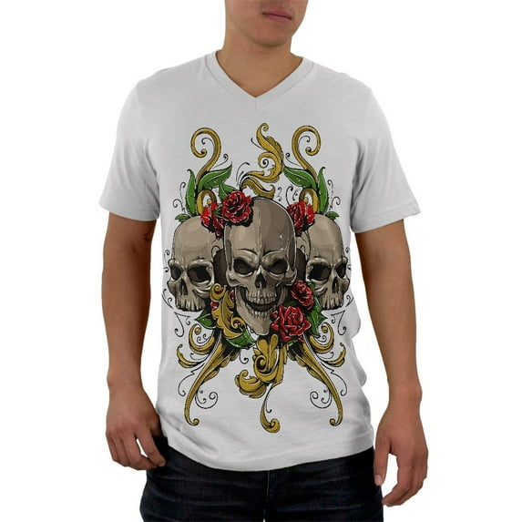 Skulls and Roses Tattoo Mens V-Neck T Shirt White MD