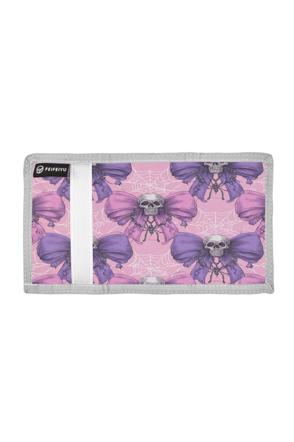 Skulls on Bows Araneid Nets Halloween Trifold Wallets Card Holders Coin Pockets with Lanyards Portable Unisex
