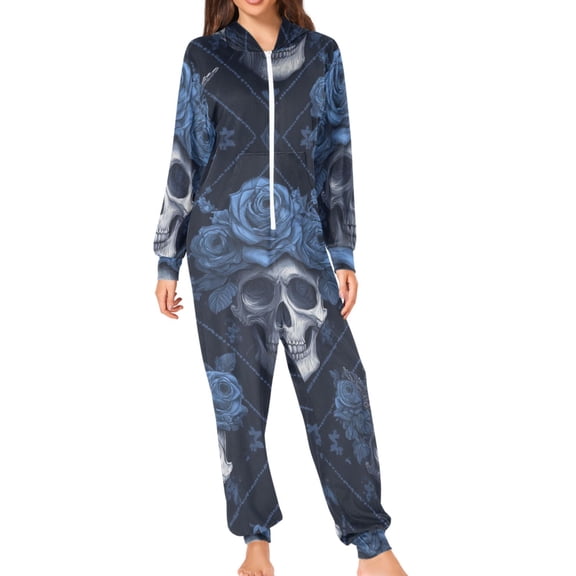 Skulls with Blue Roses on Head Adult's Hoodie Onesie Jumpsuit One-Piece Pajamas with Zipper Unisex for Holiday S