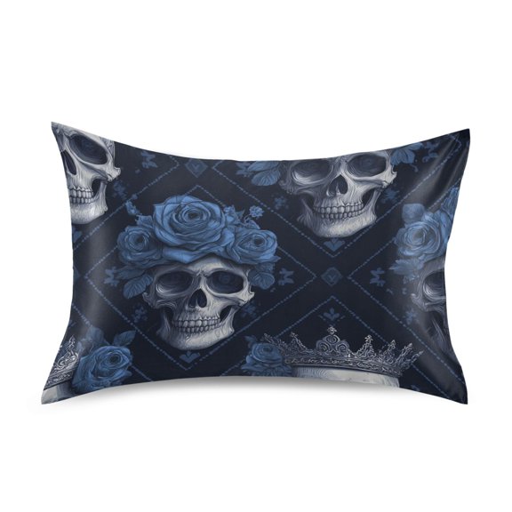 Skulls with Blue Roses on Head Satin Pillowcase Envelope Design Pillow Covers 1 Pack Queen Size 20" x 30"