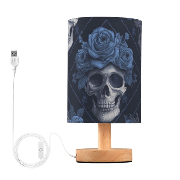 Skulls with Blue Roses on Head Table Lamp with USB Port LED Warm Light Lamp Night Light Home Decor