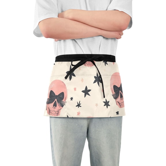 Skulls with Bowknots Stars Short Server Apron with 3 Pockets for Unisex Chef Gardening