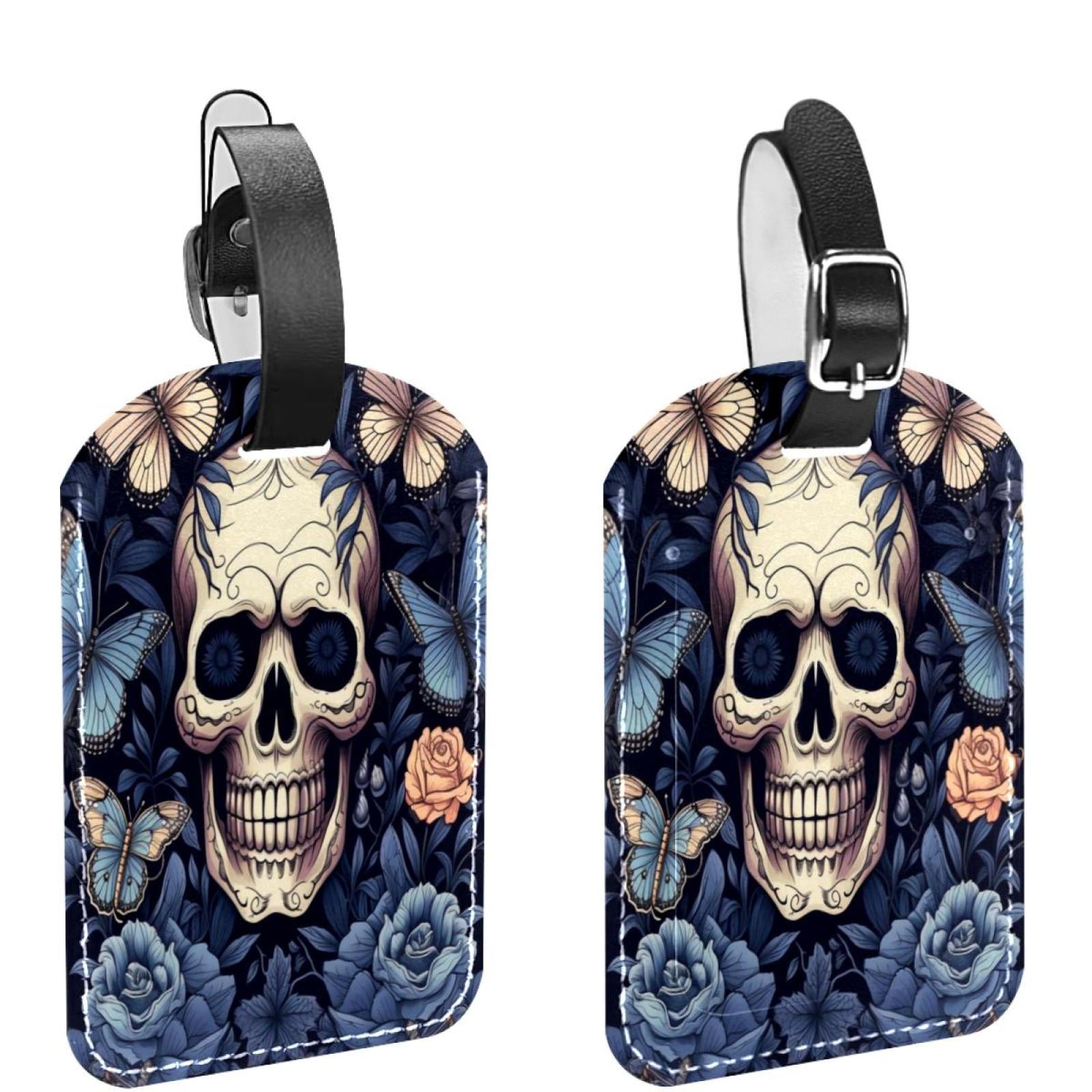 Skulls with Butterfly Luggage Tags for Suitcases, PU Leather Name ID