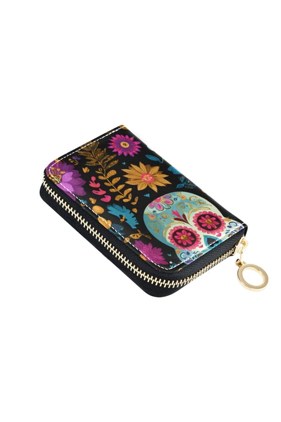 Skulls with Flower Patterns Women's Credit Card Holder PU Leather Zipper Wallet RFID Blocking