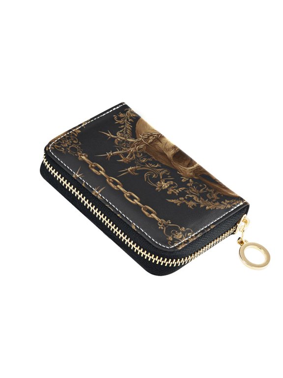 Skulls with Gold Chains Women's Credit Card Holder PU Leather Zipper Wallet RFID Blocking