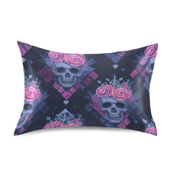 Skulls with Pink Roses on Head Satin Pillowcase Envelope Design Pillow Covers 1 Pack Queen Size 20" x 30"