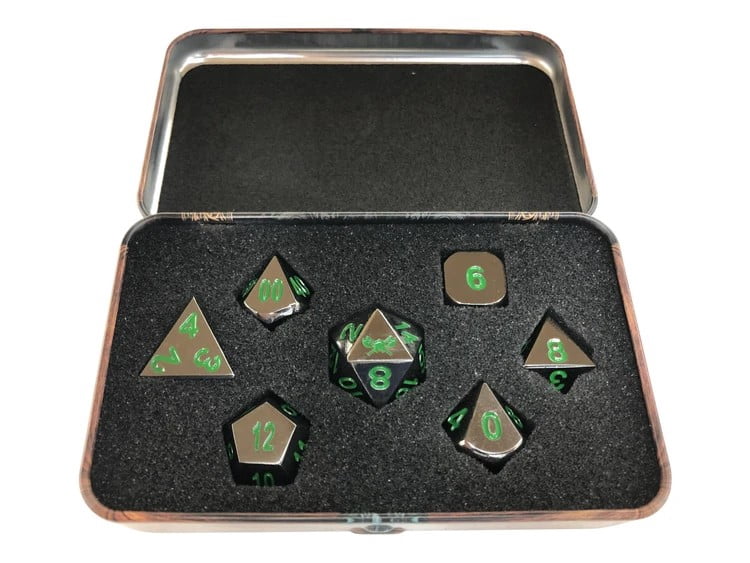 Skullsplitter Metal Black Dragon Shiny Black Nickel with Green Numbers Polyhedral 7-Die Dice Set (Warlock Tome Case)