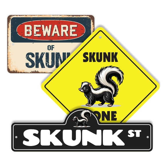 Skunk (3 Pack) Large Plastic Street Sign Crossing Sign Warning Sign Vintage Rustic Beware Warning Xing Animal Wildlife Funny Nature Rustic Forest Outdoors Decor Cute Pet Unique Smell