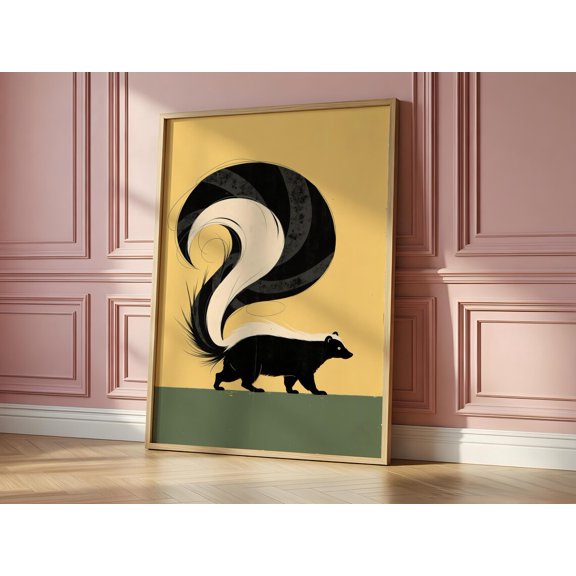 Skunk Animal Wall Art, Mid-Century Nursery Graphic In Retro Yellow And Black