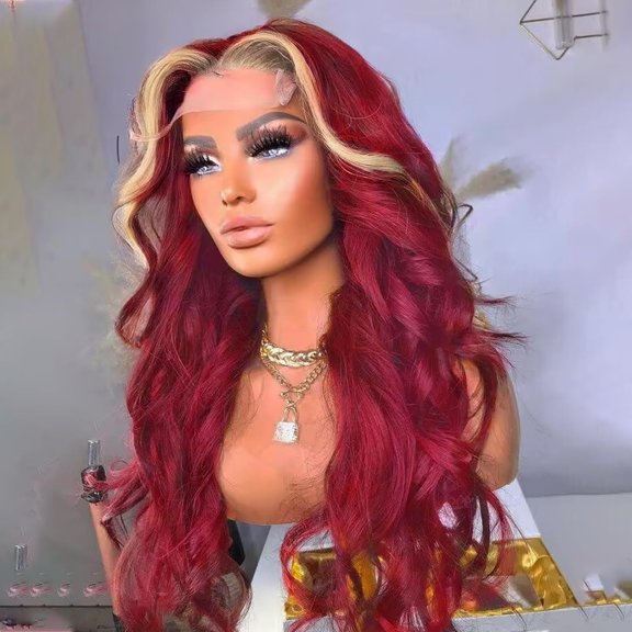 Skunk Stripe Burgundy with 613B Colored Wig 200% Density 13x6 HD Lace Frontal Glueless Pre Plucked Wigs with Baby Hair Wine Red with Blonde Highlight Body Wave with Baby Hair for Black Women