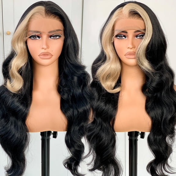 Skunk Stripe Wig, 13x6 Black and Blonde Synthetic Lace Front Wig, HD 13x6 Lace Frontal Wig Pre-Plucked, 26inch Body Wave Wigs 200 Density, Pre-Plucked PLUS 1.5 Hairline