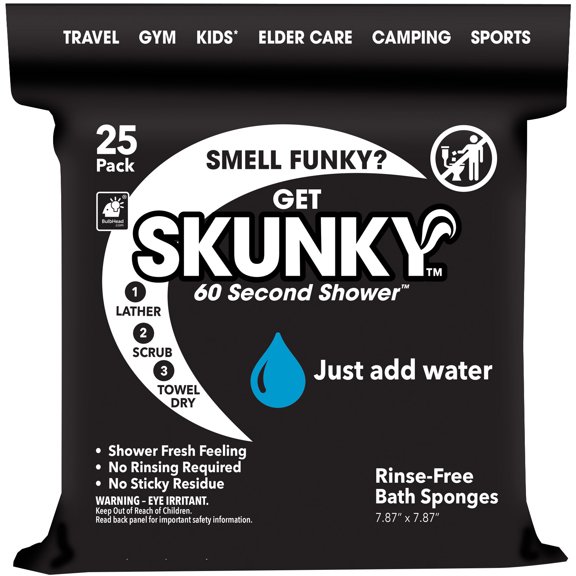 Skunky Disposable Rinse-Free Bathing Sponge Wipes, AS-SEEN-ON-TV, Cleans Without a Shower, Just Add Water, Lather, Scrub & Dry With No Sticky Residue, Gym, Elder Care, Kids & More