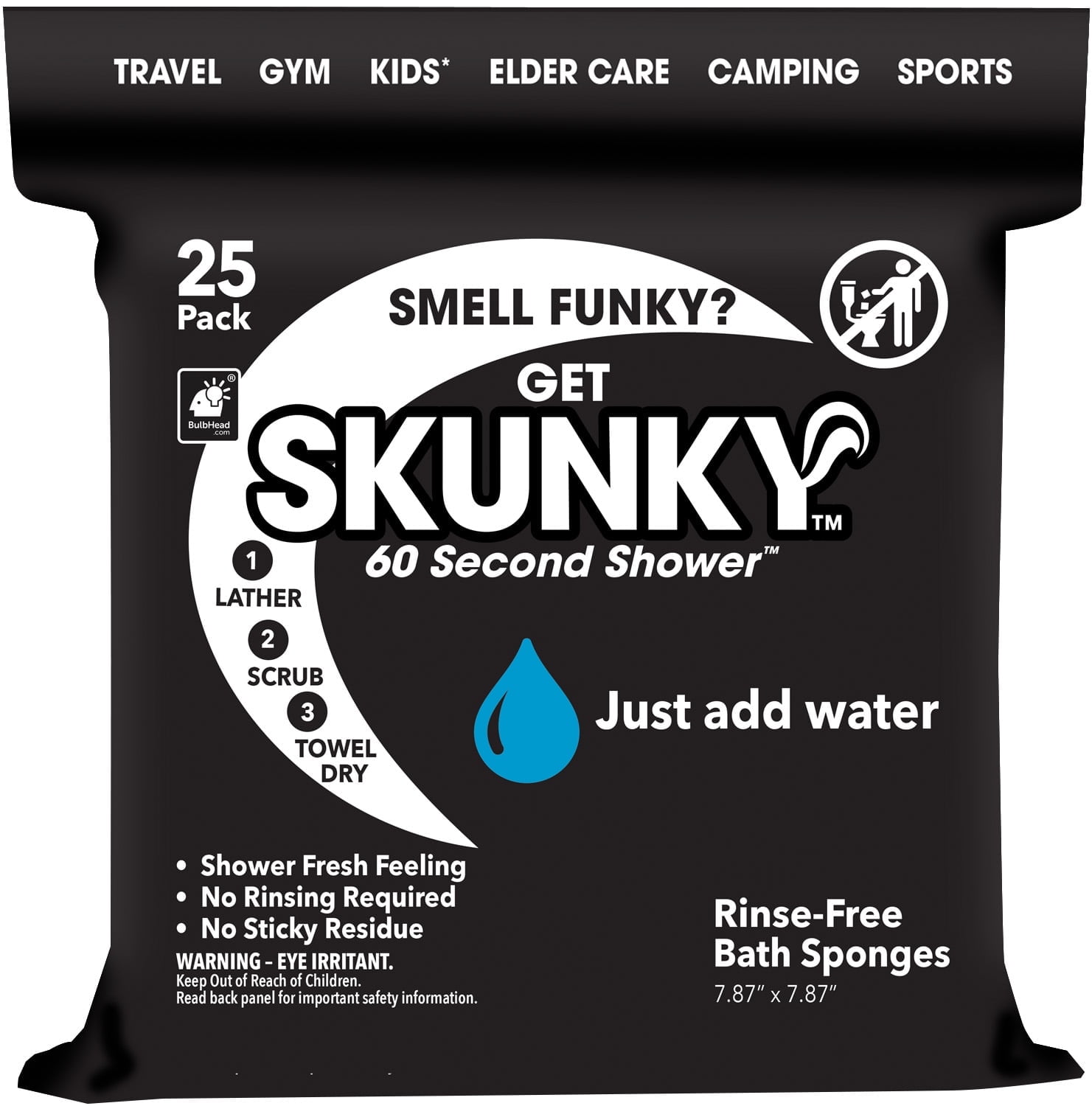 Skunky Disposable Rinse-Free Bathing Sponge Wipes, AS-SEEN-ON-TV, Cleans Without a Shower, Just Add Water, Lather, Scrub & Dry With No Sticky Residue, Gym, Elder Care, Kids & More