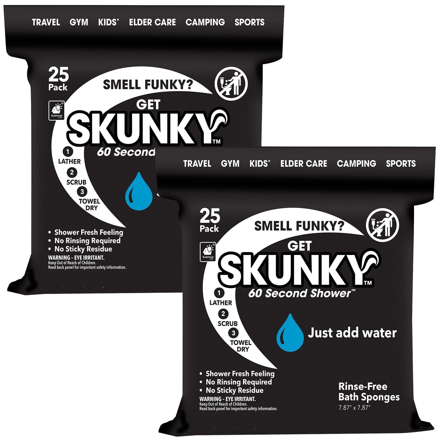 Skunky Disposable Rinse-Free Bathing Sponge Wipes, AS-SEEN-ON-TV, Cleans Without a Shower, Just Add Water, Lather, Scrub & Dry With No Sticky Residue, Gym, Elder Care, Kids & More, 2 Pack