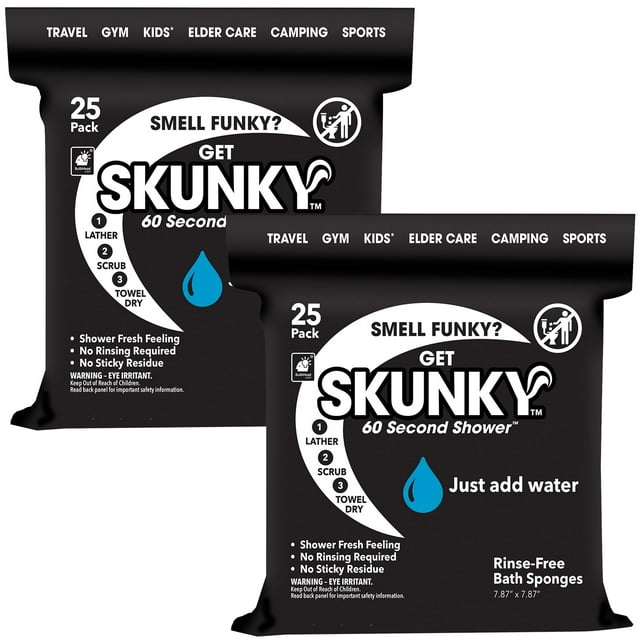 Skunky No Rinse Adult Bathing Wipes, Cleans Without Shower, 2 Pack, 50