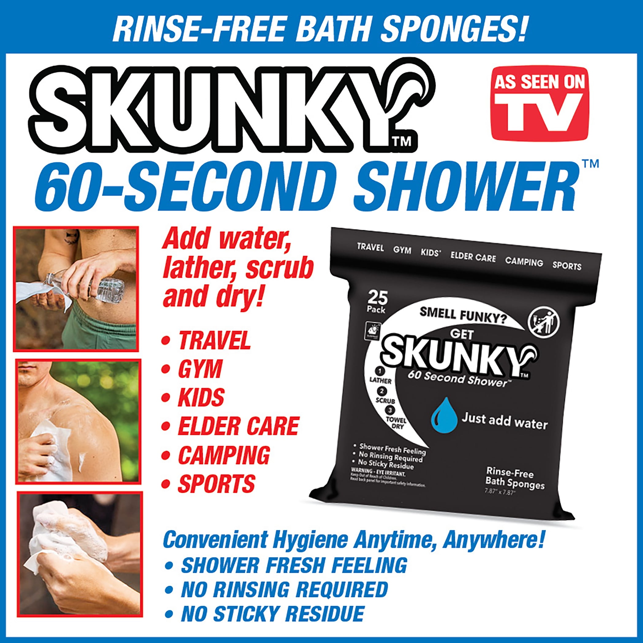 Skunky No Rinse Bathing Wipes, Cleans Without a Shower, Fast & Easy, 25