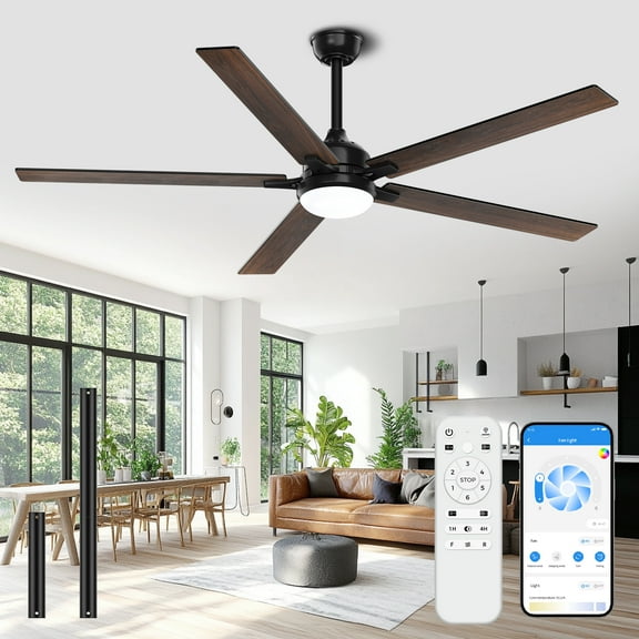 Skvevn 72 Inch Ceiling Fans with Lights, Large Outdoor Ceiling Fan with Quiet DC Motor Dimmable 6 Speeds Timing Reversible Modern Industrial Ceiling Fan for Living Room Patio Indoor Outdoor-Black