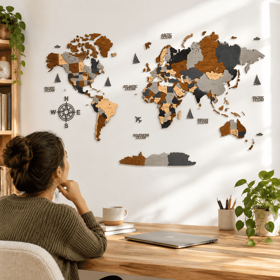 Sky 47.2"L x 24.4"W Wooden 3D World Map Wall Sculpture for Home Kitchen Office