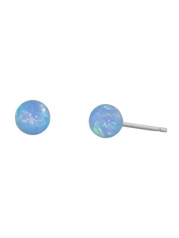Sky: 4mm Azure Blue Synthetic Opal Ball Stud Post Earrings 14K White Gold