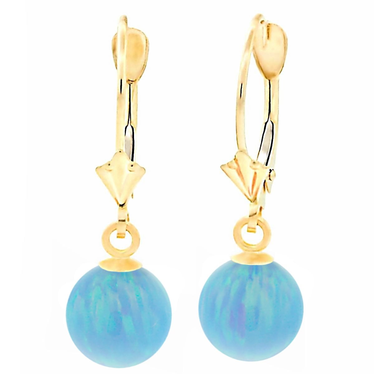 Sky: 8mm Azure Blue Synthetic Opal Ball Lever Back Earrings 14K Yellow Gold