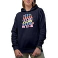 thumbnail image 1 of Sky Above Sand Below Peace Within, Beach Quote, Groovy Wavy Text Art Merch Gift, Navy Blue Hooded Sweatshirt or Hoodie, Medium, 1 of 5