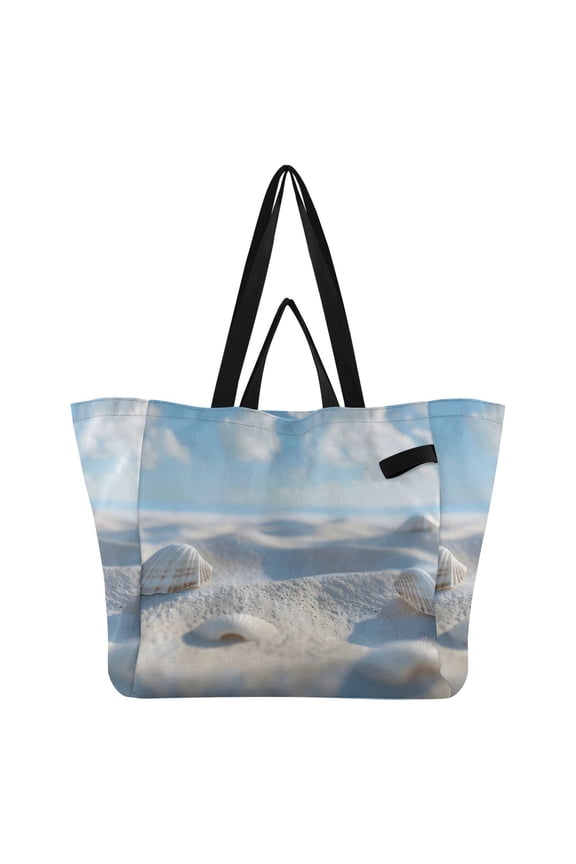 Sky Beach Shells Foldable Canvas Tote Bags Reusable Grocery Bags Laundry Bags Beach Bag 32L