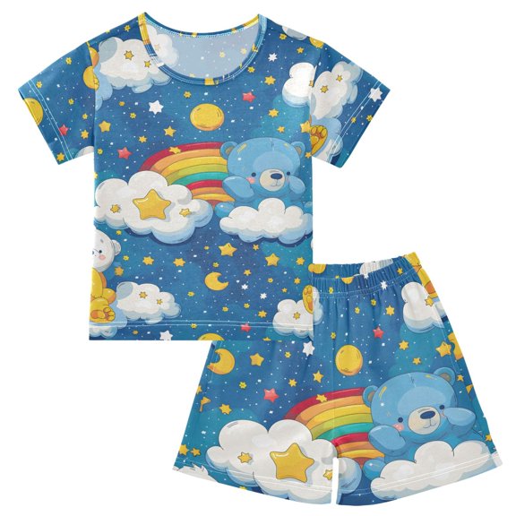 Sky Bear Oil Paint Pattern Summer Pajama Set Soft Cotton Short Sleeve Sleepwear 2PCS Pajama Sets Breathable Lounge Set Size 8Y