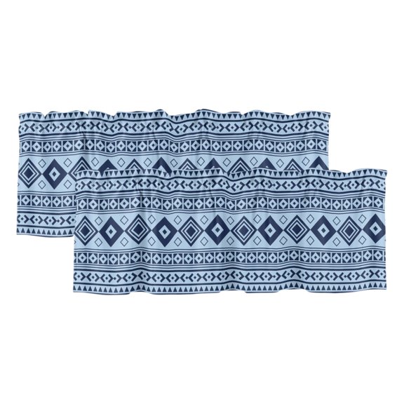 Sky Blue 2 Panels Kitchen Valance, Moroccan Geometric Striped Folk Lozenge Farm Azure Curtains Valances for Small Windows Rod Pocket Window Treatments for Living Room Bedroom 42" W x 12" L