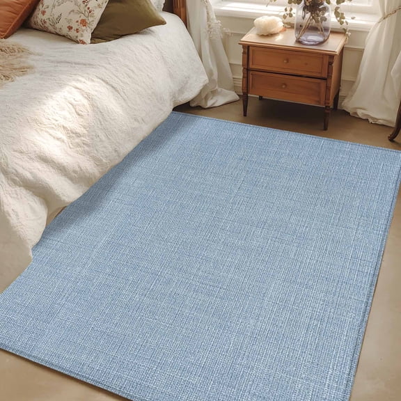 Sky Blue 3x5 Area Rugs, Farmhouse Burlap Solid Blue Color Modern Linen Texture Non-Skid Rubber Backing Large Rectangle Rugs - Living Room Bedroom Home Office, Indoor Floor Mat Carpets Washable Rug