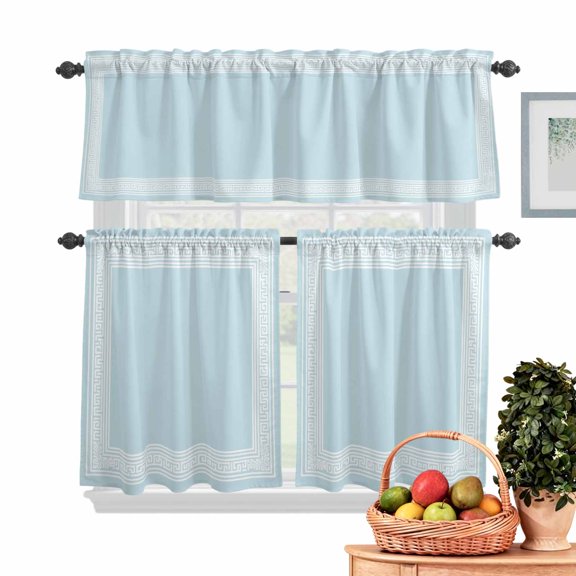 Sky Blue Abstract Art Kitchen Curtains Valances 3 Piece Set, Geometric Greek Key Country Farm Rod Pocket Tier Curtain and Valance Drapes for Small Window 24 Inch Length for Bedroom Cafe