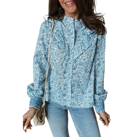 Sky Blue All Over Floral Puff Sleeve Shirt for Women - Elegant Daily Wear - [ZhiHiMeRi] | L