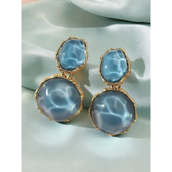 Sky Blue Asymmetrical Double Oval Dangle Earrings With Water Wave Effect
