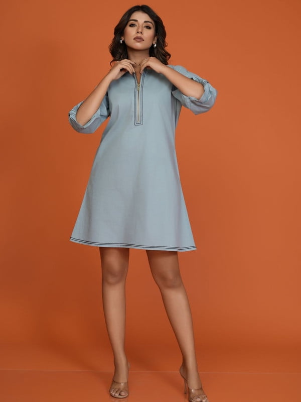 princess polly baby blue dress Tiya Hand Dyed Dark Blue Balloon Sleeve Dress  Nilam India