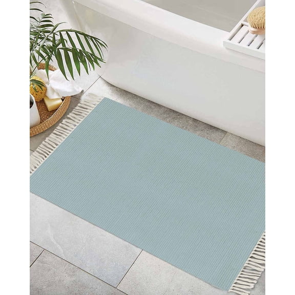 Sky Blue Bath Rug 2x3ft Woven Bathroom Entryway Runner Rug, Modern Pure Winter Sky Blue Washable Living Room Hallway Bedroom Kitchen Carpet with Tassels, Non-Shedding Indoor Outdoor Throw Doormat