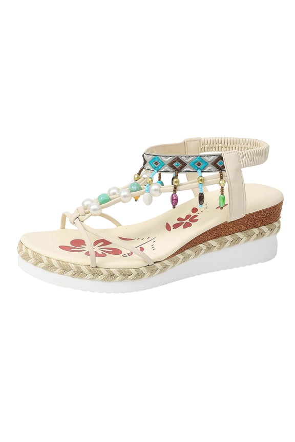 Sky Blue Beach Woven Sandals For Ladies, Boho Wedge Rhinestone Summer Style
