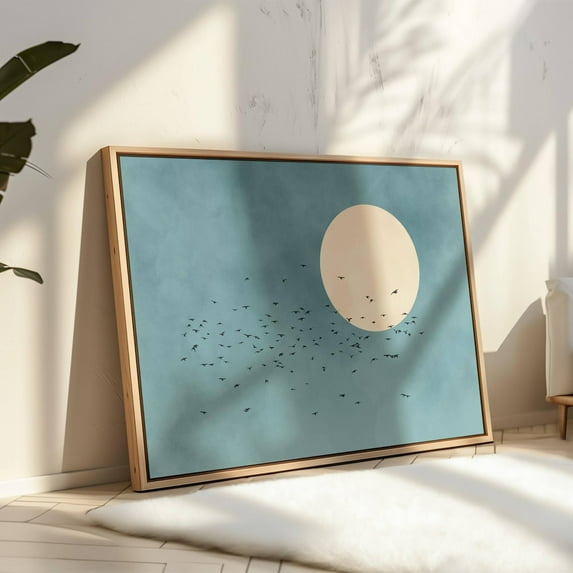 Sky Blue Birds Wall Art Print, Flock Flying Birds Framed Art, Minimalist Moon Art, Large Living Room Decor, Japandi Horizontal Art Wall Art, Modern Wall Decor, 24x36 UNFRAMED