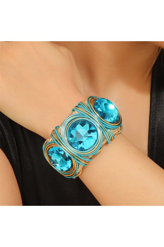 Sky Blue Boho Style Cuff Bracelet 3 Large Crystal Embedded Aluminum Wire Twist Open Bangle Mother's Day Party Accessory