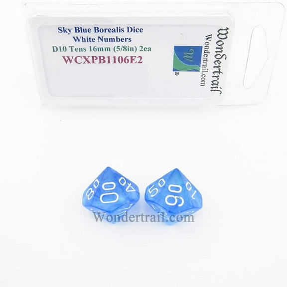 Sky Blue Borealis Dice with White Numbers D10 Tens Aprox 16mm (5/8in) Pack of 2 Wondertrail