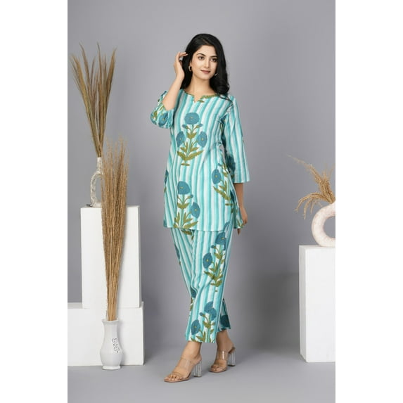 Sky Blue Botanical Printed Cotton Kurta With Pant