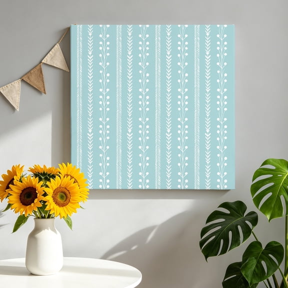 Sky Blue Canvas Wall Art, Rustic Vertical Dashed Lines Shabby Chic Leaf Cottagecore Pictures Wall Decor Wooden Framed Artwork Art Prints for Living Room Hallway Bedroom Office 8"x8"