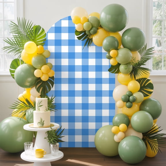 Sky Blue Checks Arch Backdrop Cover, 5FT, White Gingham Plaid Abstract Modern Coastal Spandex Arch Covers Double-Sided Backdrop for Wedding Birthday Party Photo Background Decoration