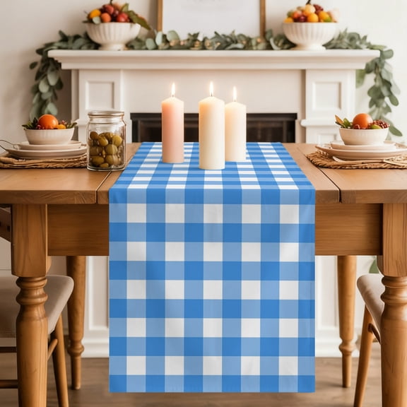 Sky Blue Checks Dining Table Runner, White Gingham Plaid Abstract Modern Coastal Washable Table Runners Kitchen Coffee Table Center Decor for Home Party Holiday Wedding 13 x 48 Inches