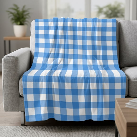 Sky Blue Checks Fleece Throw Blanket White Gingham Plaid Abstract Modern Coastal Ultra Soft Fuzzy Cozy Flannel Throw Blanket for Couch Sofa Bed Car Travel, Ideal Gifts 30x40 Inches