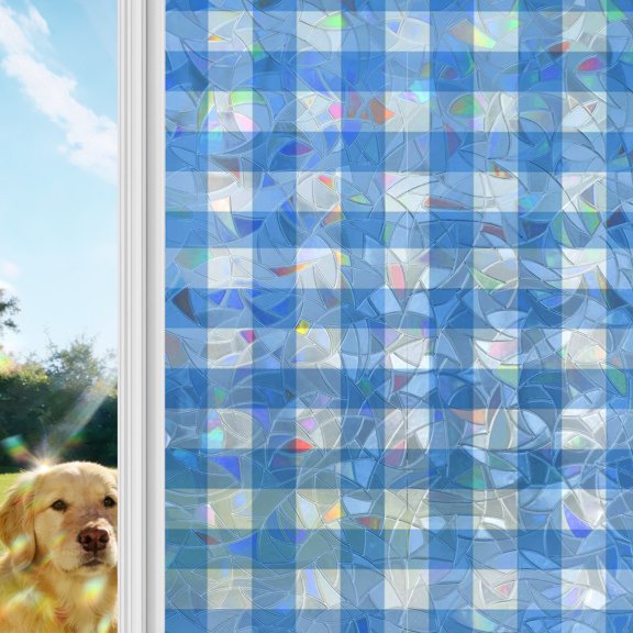 Sky Blue Checks Rainbow Window Privacy Film, White Gingham Plaid Abstract Modern Coastal Stained Glass Window Film, Sun Blocking Glass Clings Non Adhesive Door Stickers 19.6 x 39.3 Inches