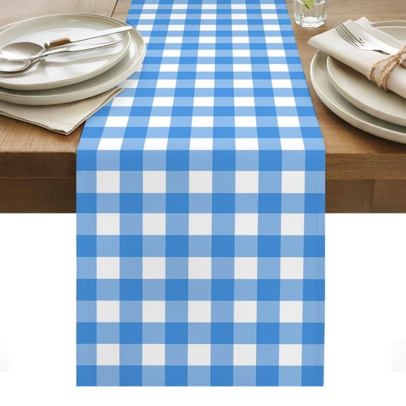 Sky Blue Checks Table Runner, White Gingham Plaid Abstract Modern Coastal Washable Kitchen Table Runners Dress Scarves for Dining Table Decorations Party/Restaurant/Indoor Outdoor Use, 13x36in