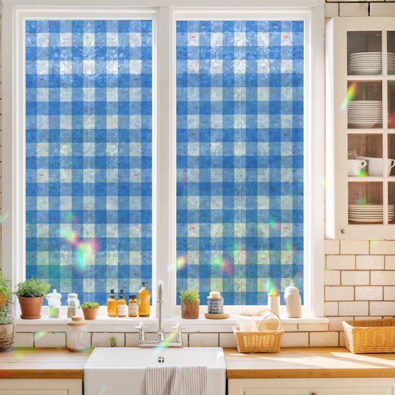 Sky Blue Checks Window Privacy Film White Gingham Plaid Abstract Modern Coastal Static Cling Stained Glass Window Film Non-Adhesive Decorative Decals Rainbow Sticker 17.7"X39.3"