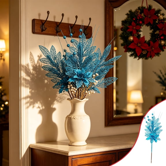 Sky Blue Christmas Artificial Flower Bouquet, 20.87 Inch Faux Holiday Flower Stems, Bright Blue Fake Floral Pick Vase Decor for Winter Table