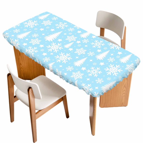 Sky Blue Christmas Table Cloths for 3 Foot Rectangle Tables, Xmas Tree Snowflake Winter Abstract Patio Waterproof Elastic Fitted Tablecloths, Washable Rectangular Table Cover for Camping