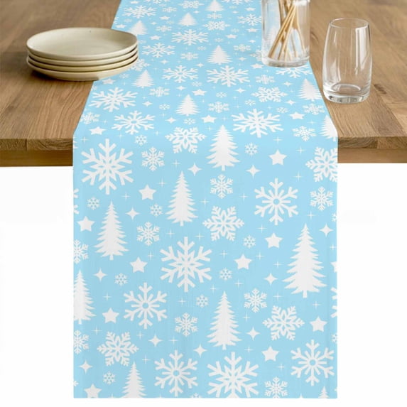 Sky Blue Christmas Table Runner 60 Inches Long Farmhouse Dress Scarves, Xmas Tree Snowflake Winter Abstract Dining Tablerunner for Coffee Table/Kitchen Island/Party Décor, 13" x 60"